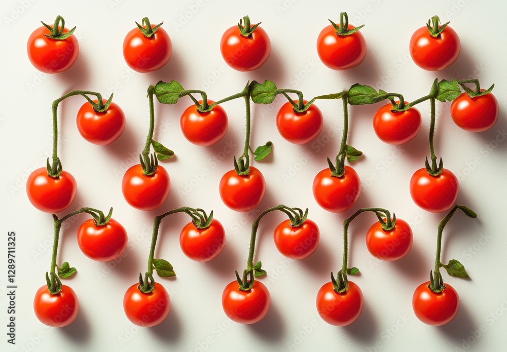 Fresh Red Cherry Tomatoes Arranged in a Geometric Pattern on White Background, Showcasing the Vibrant Color and Natural Elements of the Vegetable Produce Fresh Red Cherry Tomatoes Arranged in a Geometric Pattern on White Background, Showcasing the Vibrant Color and Natural Elements of the Vegetable Produce