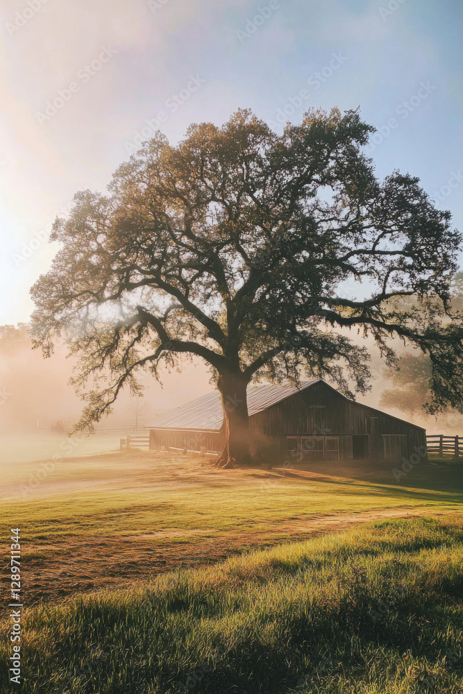 Naklejka premium Majestic oak tree stands beside an old barn in the golden light of dawn on a foggy morning in the countryside, embracing the tranquility of rural life