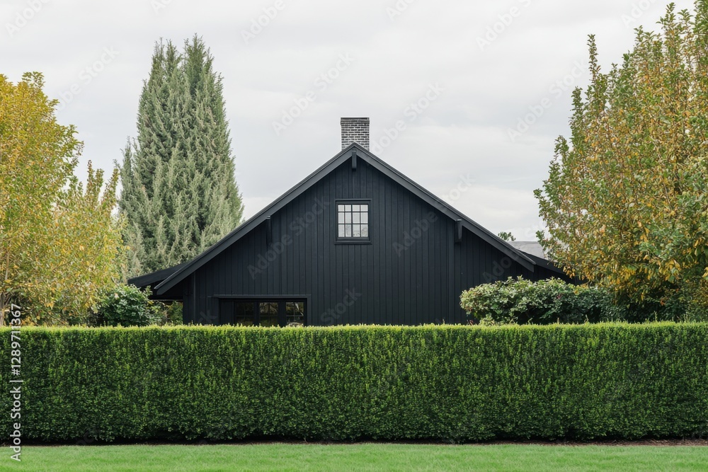 Modern black house surrounded by lush greenery with a neatly trimmed hedge under a cloudy sky during daytime in a tranquil rural setting Modern black house surrounded by lush greenery with a neatly trimmed hedge under a cloudy sky during daytime in a tranquil rural setting
