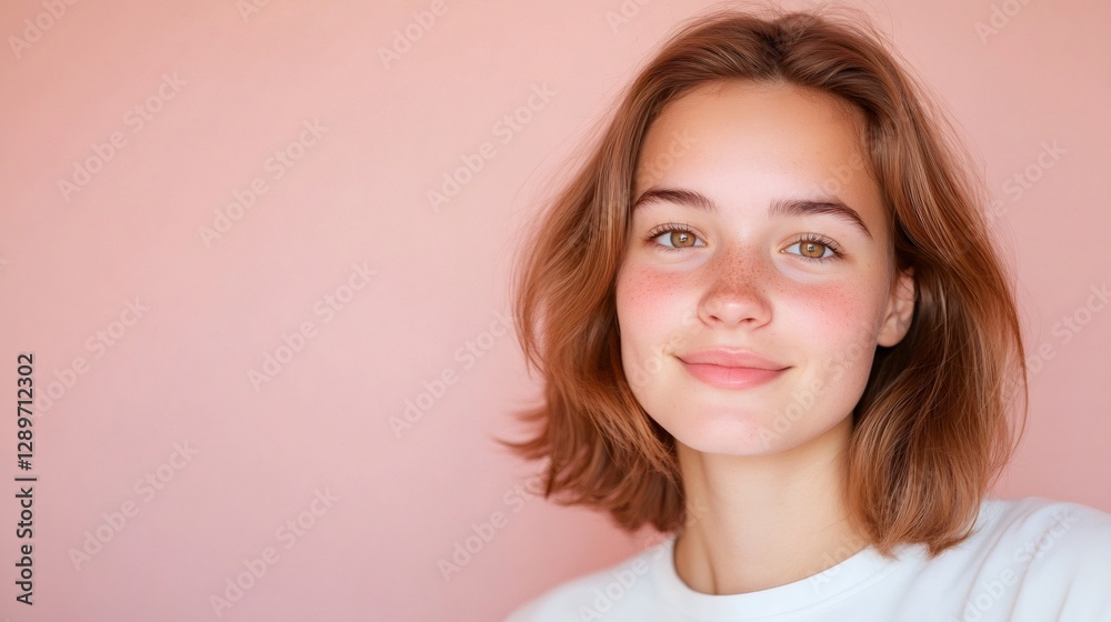 Young woman smiling with freckles on pink background Young woman smiling with freckles on pink background