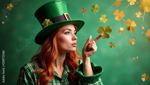 Woman dressed in a green hat points at floating clovers, immersed in the festive spirit of St. Patrick's Day against a green background. This vibrant atmosphere enhances celebration themes