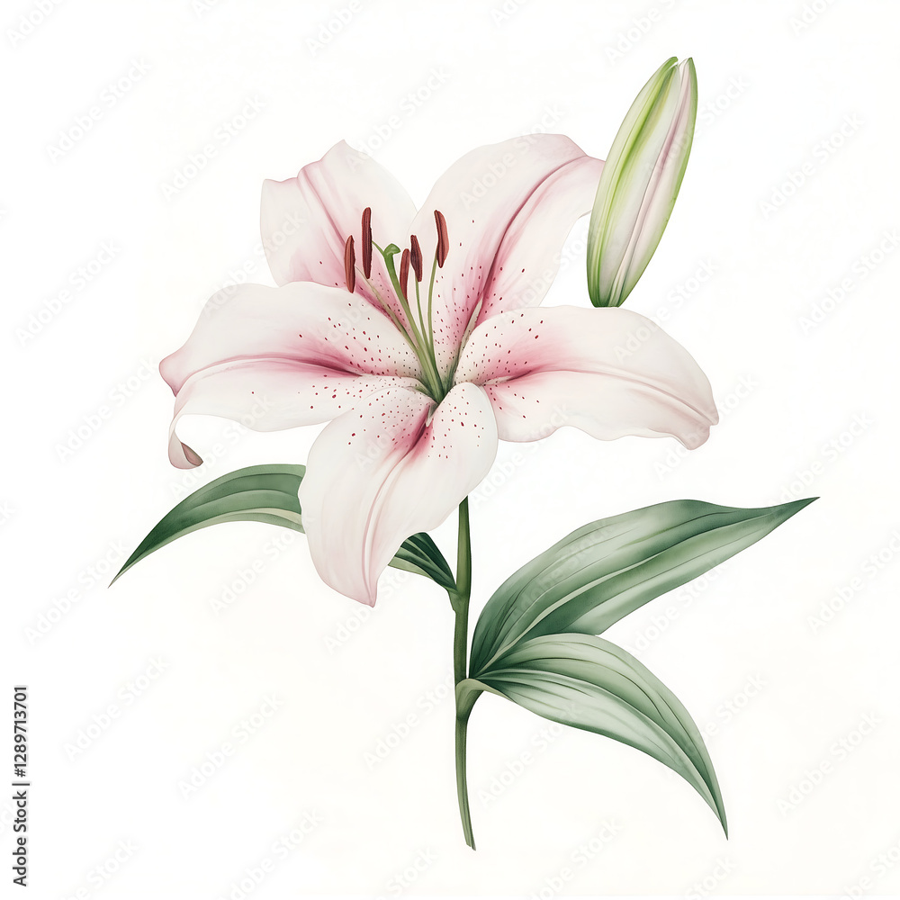 Fototapeta premium Delicate lily flower painted in soft akvarel watercolor style, gentle brushstrokes blending pastel pink and white petals, subtle green stem and leaves, minimalistic composition on a pure white backgro