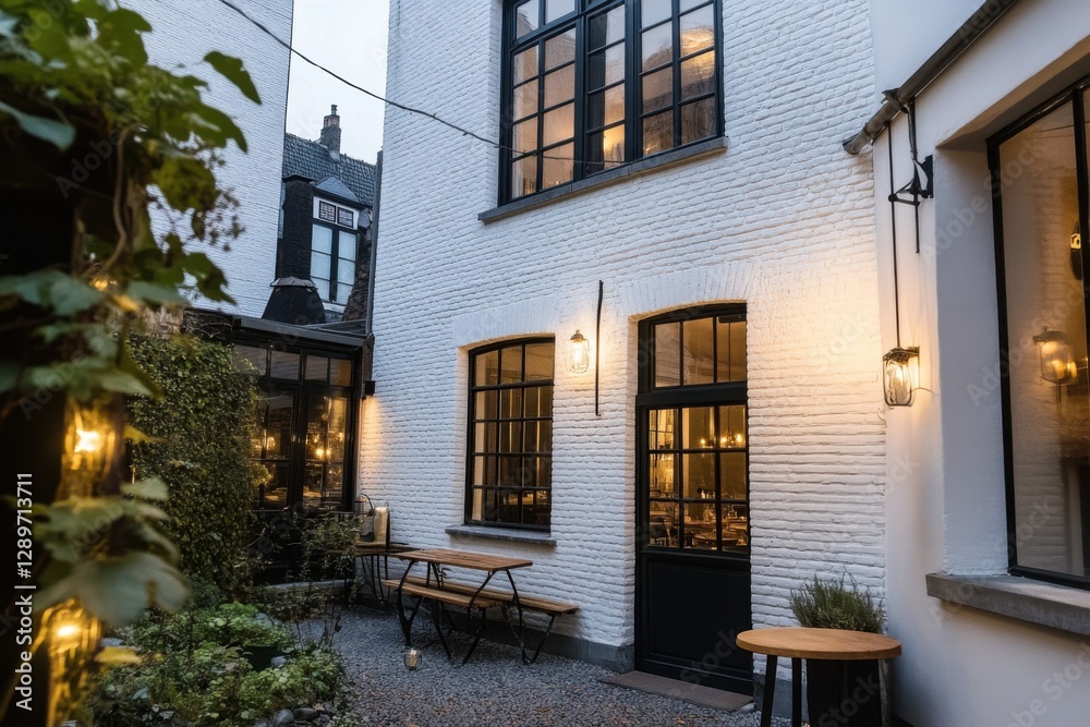 Fototapeta premium As twilight descends, the charming courtyard is beautifully illuminated with warm lighting, creating an inviting space for guests to unwind and enjoy socializing in a cozy, welcoming atmosphere