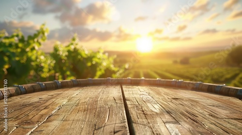 Wooden table with barrel and vineyard at sunset for product display