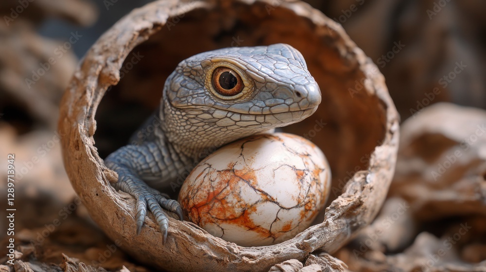 Blue lizard emerging from speckled egg inside natural nest with intricate shell, showcasing unique wildlife and nature scene Blue lizard emerging from speckled egg inside natural nest with intricate shell, showcasing unique wildlife and nature scene