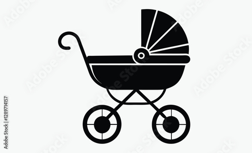 Baby carriage silhouette, vintage pram vector icon, stroller illustration