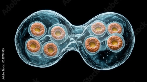 Close-Up View of Cellular Division Process with Multiple Cells Undergoing Mitosis in a Dark Background