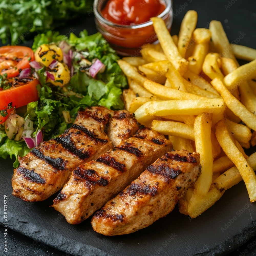 Grilled meat w/ fries & salad