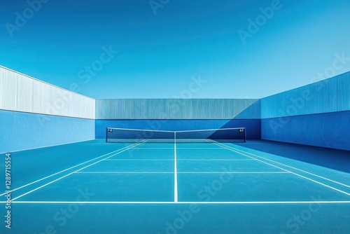 Blue Tennis Court Minimalism Under Clear Sky with Geometric Lines and High Contrast