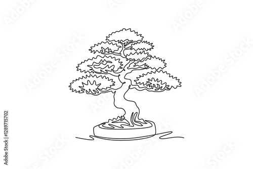 Continuous one line drawing old beauty and exotic tiny bonsai tree for home art wall decor poster print. Decorative bend plant for plant shop logo. Single line draw design vector graphic illustration