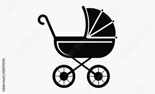 Baby carriage silhouette, vintage pram vector icon, stroller illustration