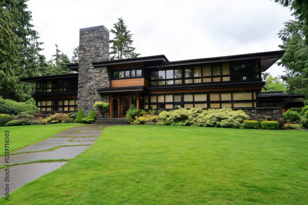 Elegant modernist house with stone and wooden features surrounded by lush greenery in a suburban neighborhood on a cloudy day Elegant modernist house with stone and wooden features surrounded by lush greenery in a suburban neighborhood on a cloudy day