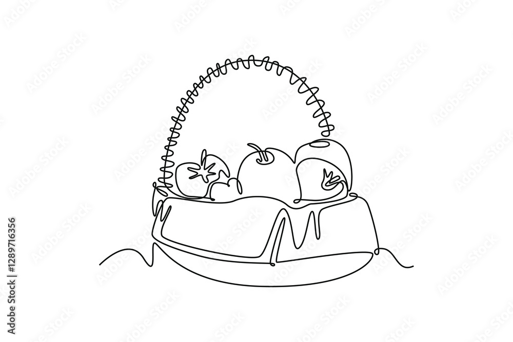 Single continuous line drawing wicker basket with full of fresh apple fruit for shop logo icon. Healthy food contains vitamins that body needs. Dynamic one line draw graphic design vector illustration Single continuous line drawing wicker basket with full of fresh apple fruit for shop logo icon. Healthy food contains vitamins that body needs. Dynamic one line draw graphic design vector illustration