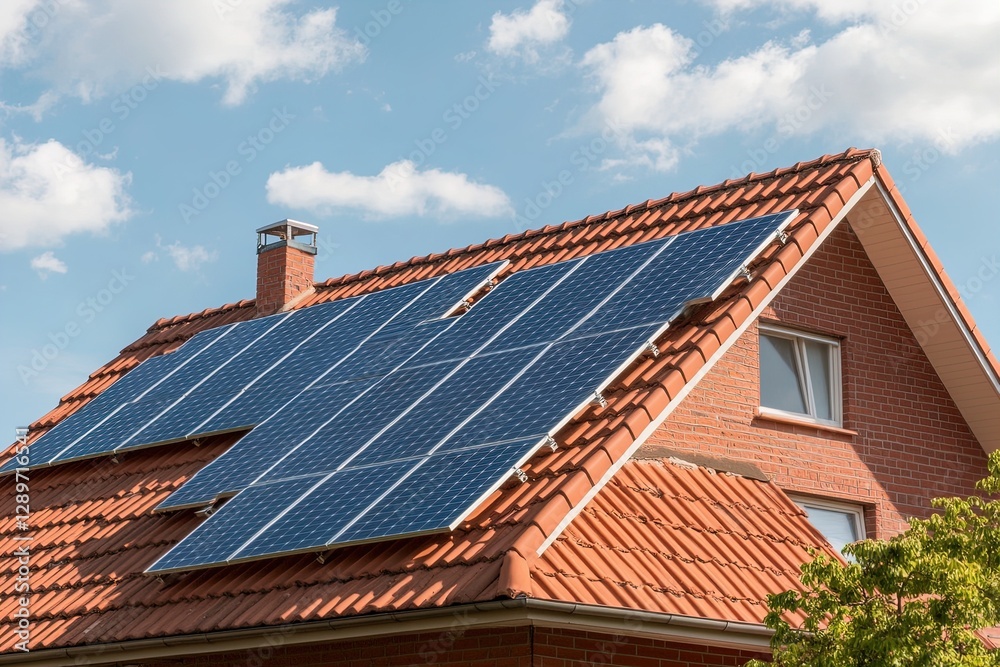 Solar panels installed on a residential roof in a suburban area under a clear blue sky during daytime Solar panels installed on a residential roof in a suburban area under a clear blue sky during daytime