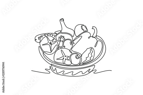 Single one line drawing wicker basket full of fresh vegetables, fruit, milk, bread for groceries logo icon. Daily healthy food concept. Modern continuous line draw design graphic vector illustration