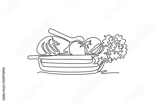 Single one line drawing of wicker basket with full of raw vegetables for kitchen logo icon. Healthy food for diet program or vegan life. Modern continuous line draw design graphic vector illustration