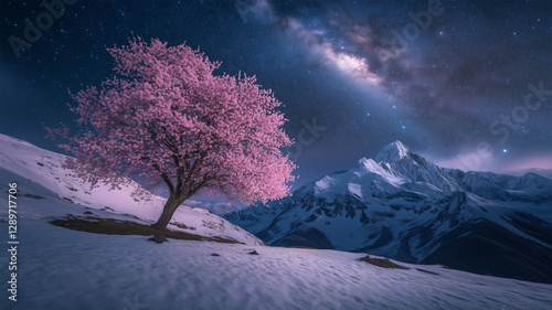 雪の残る山と夜桜、星空 – 春と冬が交差する幻想的な夜の絶景