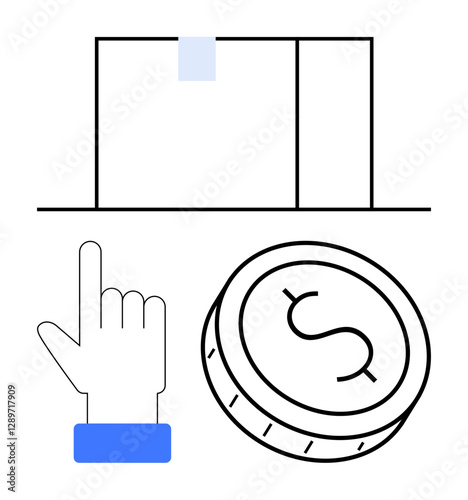Hand pointing to a box with a coin symbolizing economic choice, purchase decision, transaction flow. Ideal for finance, e-commerce, business strategy, market analysis, trade budget management. Line