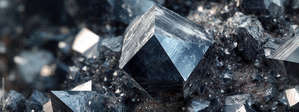 Close-up View of Shiny Black Crystals Forming Natural Geode Structure in a Mineral Display
