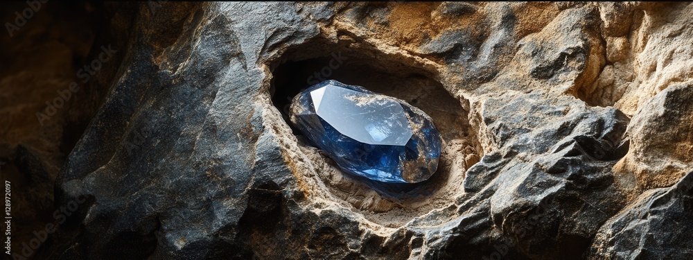 Sparkling Blue Gemstone Embedded in Textured Rocky Surface with Natural Lighting Enhancing Its Beauty