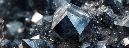 Obraz na płótnie Close-up View of Shiny Black Crystals Forming Natural Geode Structure in a Mineral Display w salonie