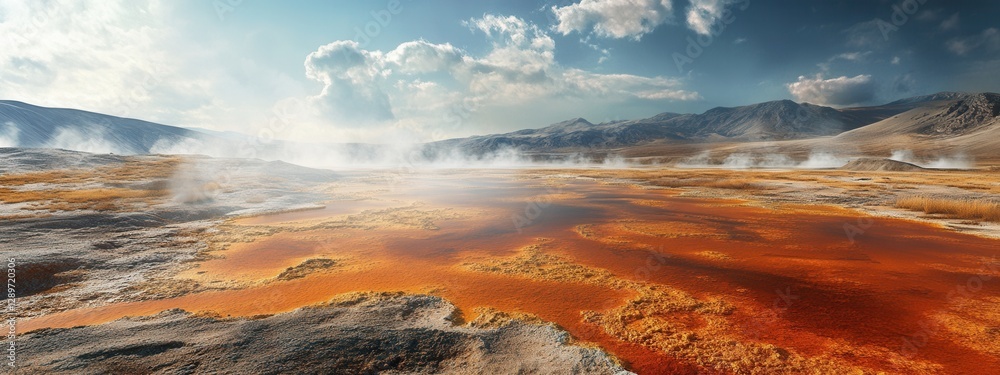 Vibrant Hot Springs Landscape with Steam and Colorful Mineral Deposits Under Blue Sky