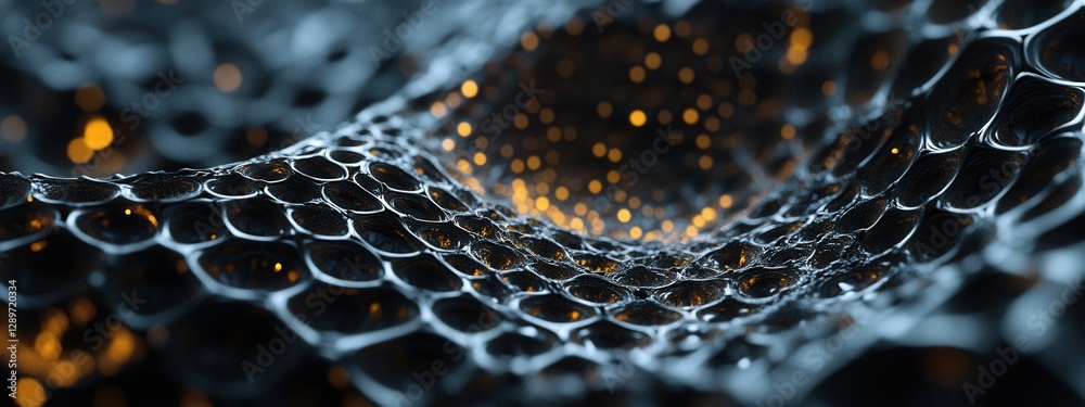 Abstract close-up of shimmering mesh surface with glowing orbs conveying depth and intricate patterns in dark tones