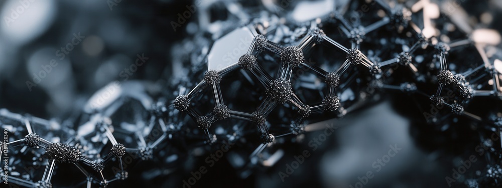 Abstract close-up of intricate molecular structures showcasing metallic and crystalline textures with shimmering highlights in dark tones