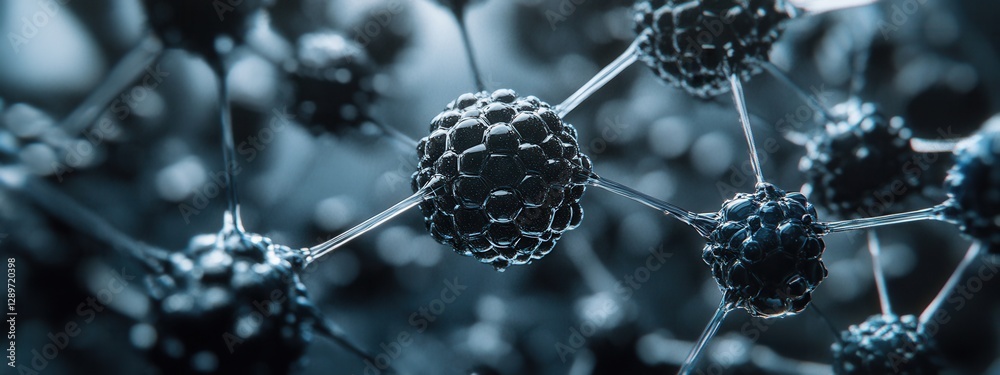Close-Up View of Molecular Structures with Intricate Details and Interconnected Bonds in a Dark Background