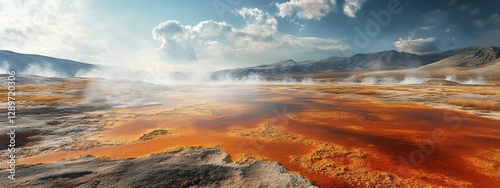 Obraz na płótnie Vibrant Hot Springs Landscape with Steam and Colorful Mineral Deposits Under Blue Sky w salonie