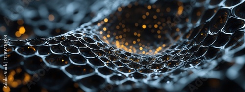 Abstract close-up of shimmering mesh surface with glowing orbs conveying depth and intricate patterns in dark tones