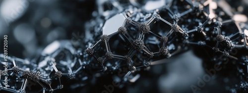 Obraz na płótnie Abstract close-up of intricate molecular structures showcasing metallic and crystalline textures with shimmering highlights in dark tones w salonie