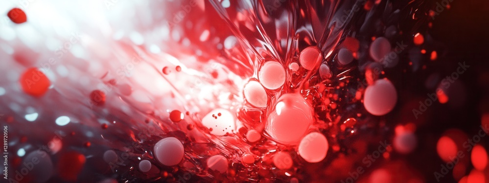 Abstract red and white colors forming a dynamic pattern with bubbles and glowing particles for creative designs and backgrounds