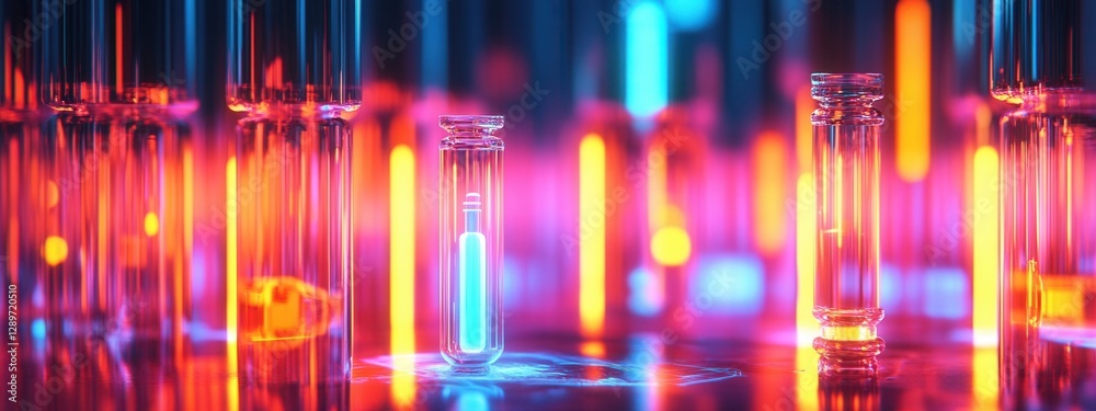 Colorful laboratory glassware with glowing liquid in a scientific setting featuring neon lights and ambient reflections