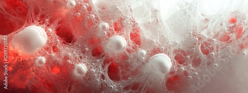 Obraz na płótnie Abstract Close-Up of Red and White Bubbles in a Liquid Texture with Organic Shapes and Patterns w salonie
