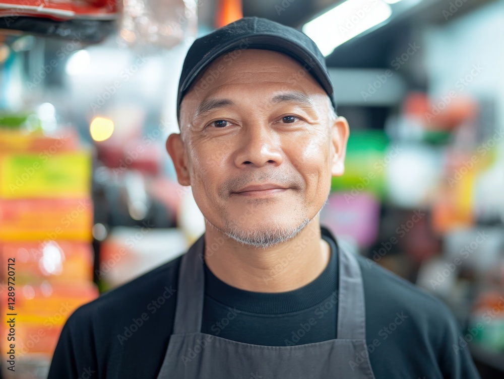 portrait of smiling asian man wearing apron portrait of smiling asian man wearing apron