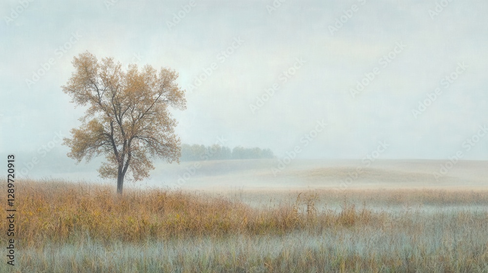 Serene Morning Landscape with Isolated Tree and Soft Mist over Rolling Fields in Gentle Pastel Tones