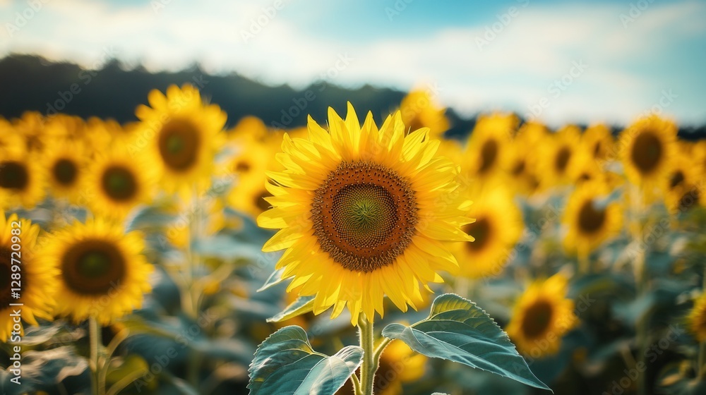 Vibrant Sunflower Bloom Surrounded by a Field of Sunflowers Under a Clear Blue Sky