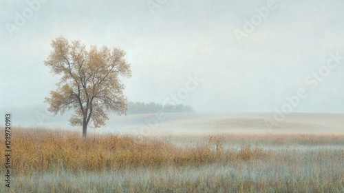 Obraz na płótnie Serene Morning Landscape with Isolated Tree and Soft Mist over Rolling Fields in Gentle Pastel Tones w salonie