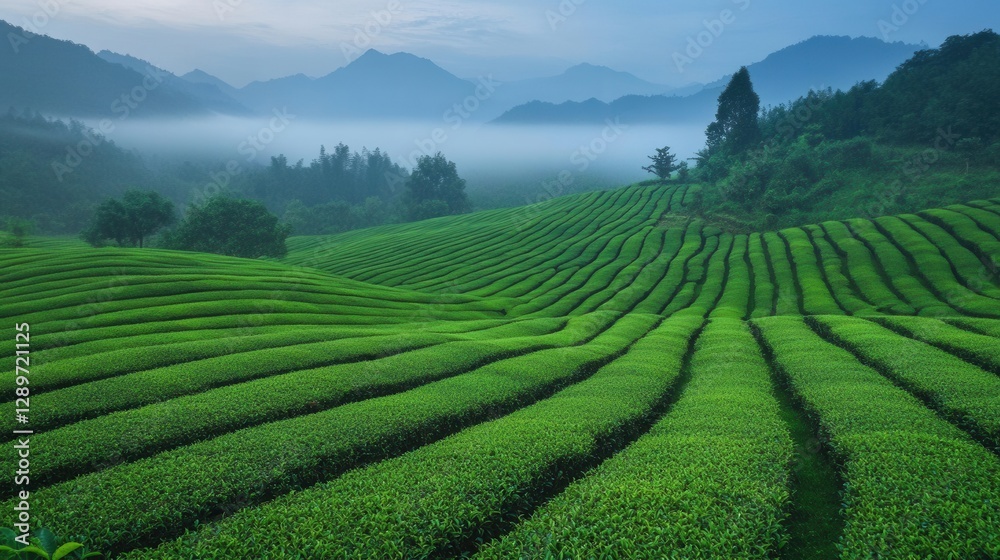 Serene Landscape of Lush Green Tea Plantations in the Soft Light of Early Morning Mist