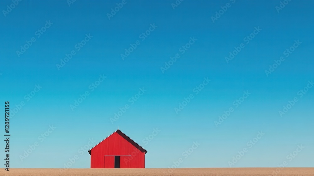 Vibrant Red Barn Against Clear Blue Sky Over Expansive Flat Landscape with Neutral Tones and Minimalist Aesthetic