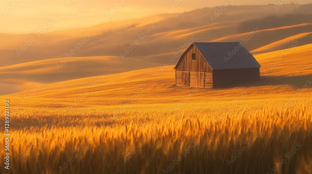 Serene Golden Hour Over Wheat Fields with Rustic Barn in Rolling Hills Landscape