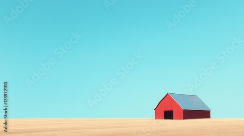 Obraz na płótnie Serene Red Barn Under a Clear Blue Sky Surrounded by Open Fields and Golden Grasses in a Peaceful Rural Landscape w salonie