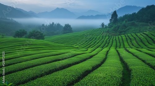 Obraz na płótnie Serene Landscape of Lush Green Tea Plantations in the Soft Light of Early Morning Mist w salonie