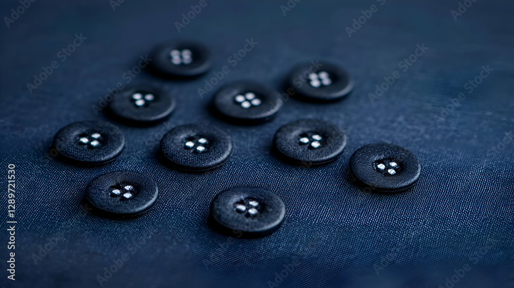 Dark Blue Background with Scattered Black Buttons Closeup Dark Blue Background with Scattered Black Buttons Closeup