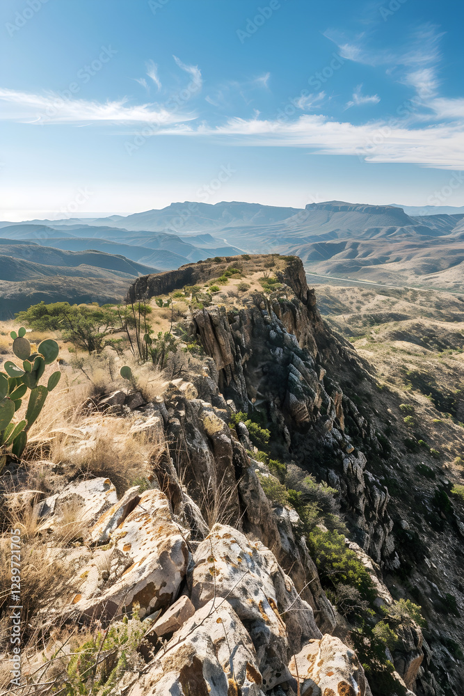 Fototapeta premium Expansive Natural Landscape Viewed from a Rugged Ridge, Capturing Rolling Valleys and Rocky Outcrops Under a Clear Sky