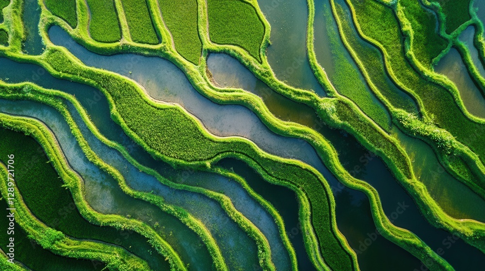 Lush Green Rice Terraces with Water-filled Channels Flowing Through Vibrant Patterns in a Scenic Landscape