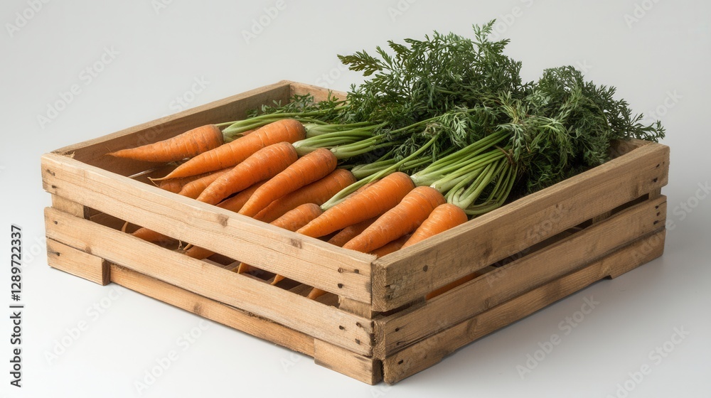 Fresh Harvested Carrots Stacked in Wooden Crate on Light Background with Green Leaves