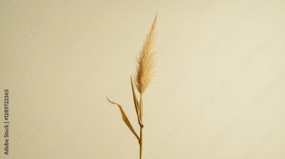 Single Tall Grass Stem with Soft Golden Tips Against a Soft Neutral Background, Ideal for Nature and Minimalistic Themes