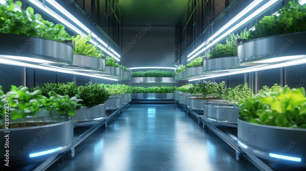 Modern Indoor Vertical Garden with Bright LED Lights and Fresh Green Plants in Urban Setting